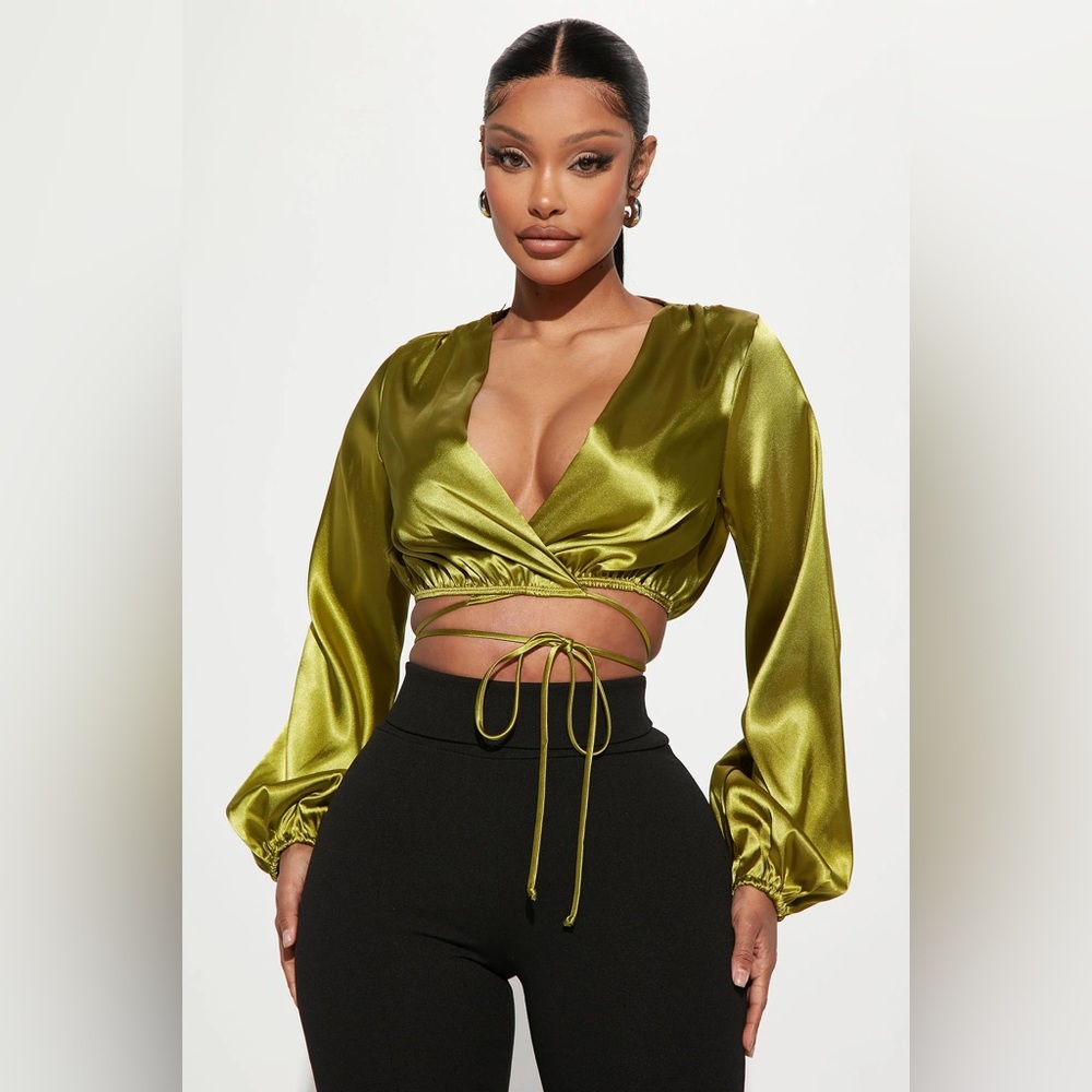 Fashion Nova Olive Satin Crop Top XL